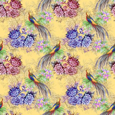 Çiçek bahçesinde egzotik kuşlar