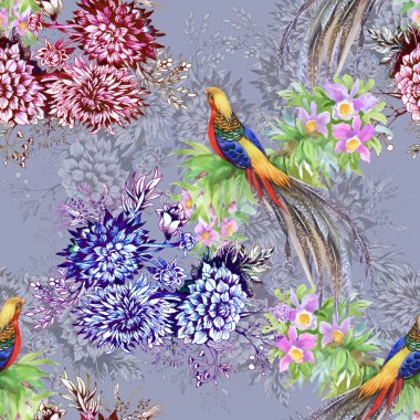 Çiçek bahçesinde egzotik kuşlar