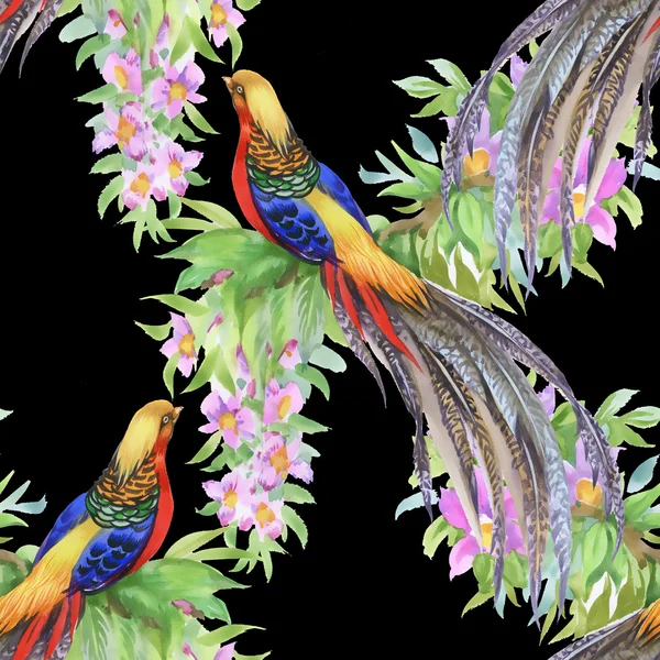 Экзотические птицы в цветущем саду — стоковое фото