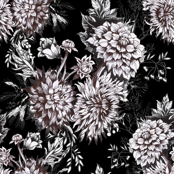 Tuin patroon met zwart-wit bloemen — Stockfoto