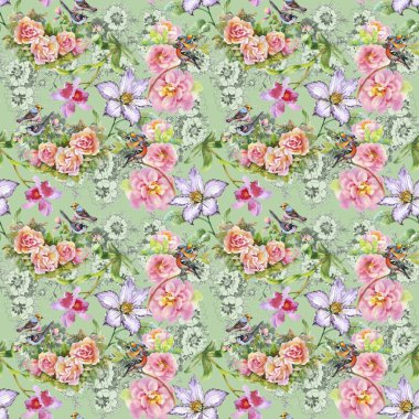 Yaz çayır çiçek açan çiçekler ve kuşlar