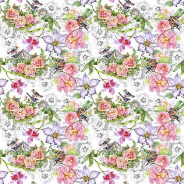 Yaz çayır çiçek açan çiçekler ve kuşlar