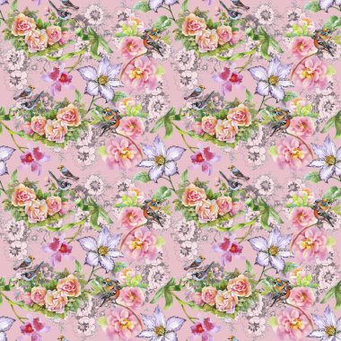 Yaz çayır çiçek açan çiçekler ve kuşlar