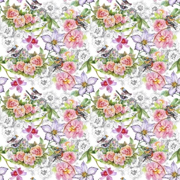 Yaz çayır çiçek açan çiçekler ve kuşlar