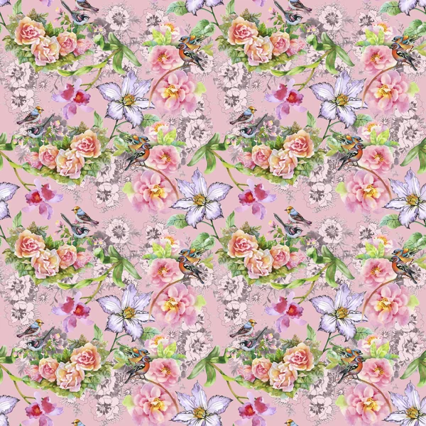 Yaz çayır çiçek açan çiçekler ve kuşlar