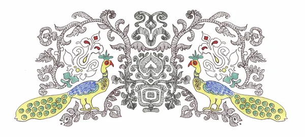 熱帯孔雀鳥と花の水彩画のパターン — ストックベクタ