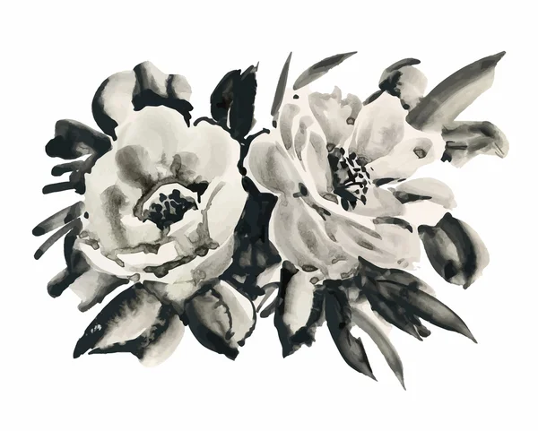 Το όμορφο μονόχρωμη, μαύρο και άσπρο λουλούδι απομονωθεί. Χέρι διελκυνθεί ισοϋψείς καμπύλες εγκεφαλικά επεισόδια. — Διανυσματικό Αρχείο