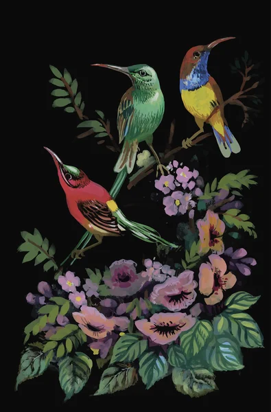 Aquarel wilde exotische vogels op bloemen — Stockvector