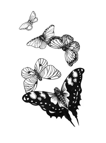 Set de mariposas blancas negras de un tatuaje — Vector de stock