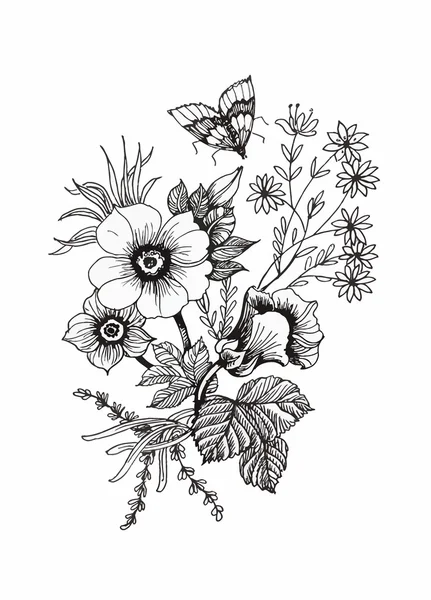 Hermosa flor monocroma, blanca y negra aislada. Líneas de contorno dibujadas a mano . — Vector de stock