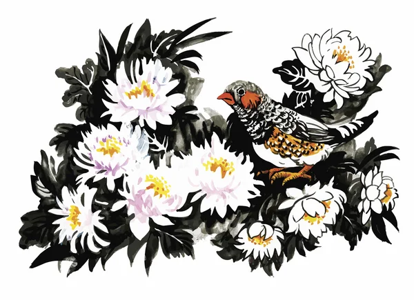 Oiseaux tropicaux avec des fleurs motif coloré sur fond blanc illustration vectorielle — Image vectorielle