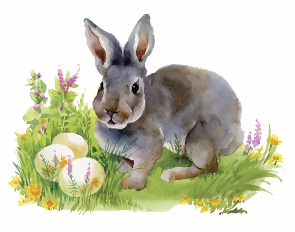 Acuarela conejos en verde hierba vector ilustración — Vector de stock