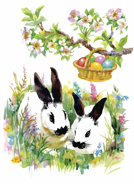 Lapins aquarelle en herbe verte illustration vectorielle — Image vectorielle