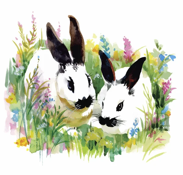 Watercolor rabbits in green grass vector illustration — Stock Vector