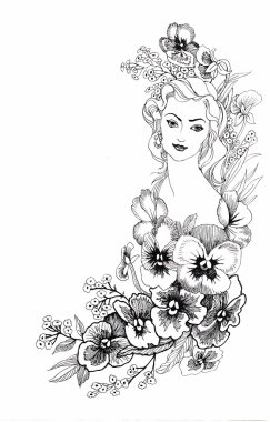 Illustration, depicting a portrait of beautiful young woman with flowers