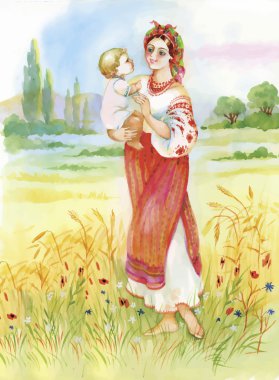 Woman in folk costume with child. Ethnic illustration. Beautiful mother silhouette with her children. Cards of Happy Mothers Day. Watercolor illustration.