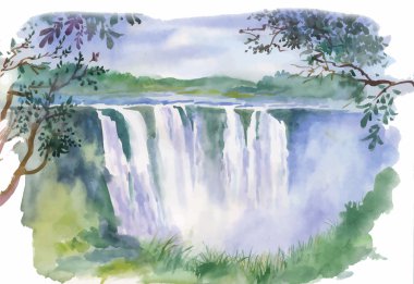 Watercolor illustration of beautiful waterfall clipart