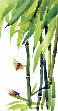 Watercolor bamboo with bugs and flies illustration vector clipart