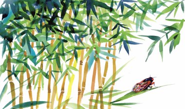 Watercolor bamboo with bugs and flies illustration vector clipart
