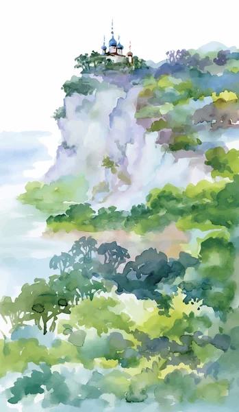 Aquarela Pintura com Igreja Ortodoxa no verão verde ilustração vetor de montanha — Vetor de Stock