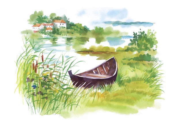 Watercolor rural Landscape with boat vector illustration — Stock Vector