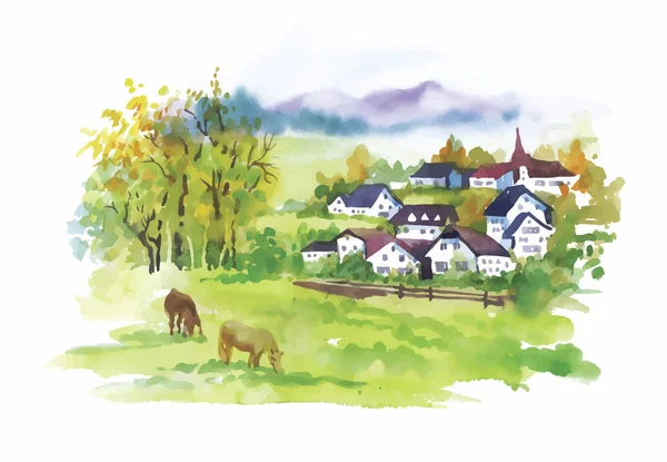 Watercolor rural village in green summer day illustration — Stock Vector