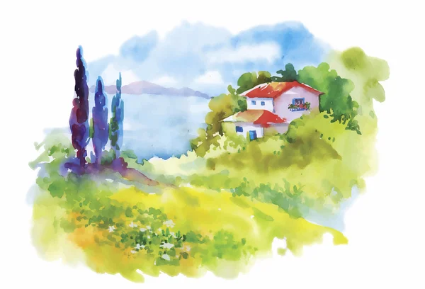 Aquarell ländliches Dorf in grünen Sommertag Illustration — Stockvektor