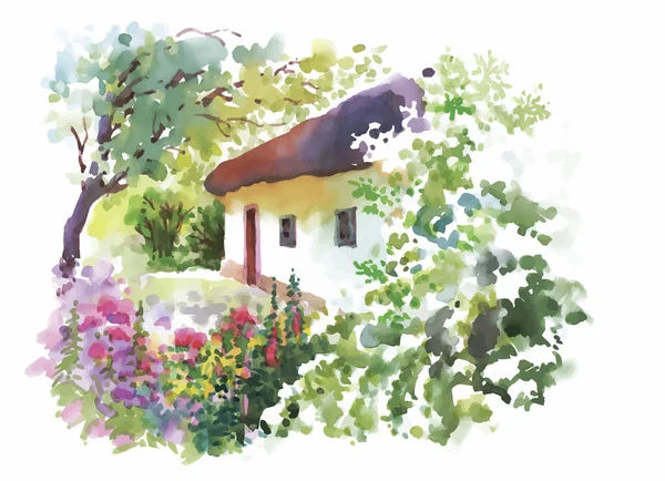 Aquarell ländliches Dorf in grünen Sommertag Illustration — Stockvektor