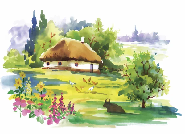 Akvarel venkovské vesnice v zelené letní den ilustrace — Stockový vektor