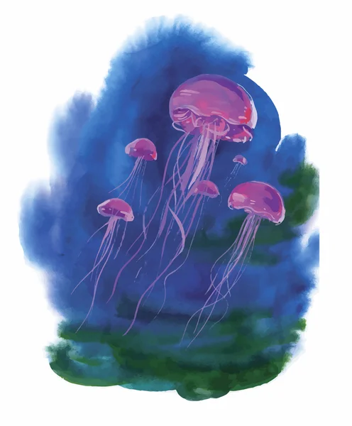 水彩手绘制的水母在海上 — 图库矢量图片