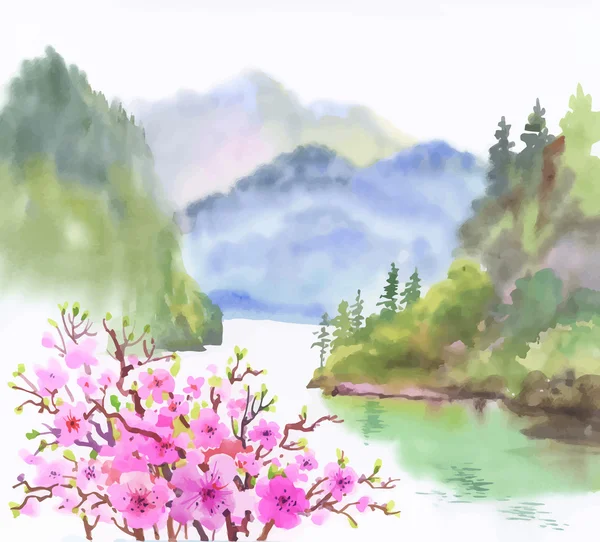 Aquarelllandschaft des Flusses mit Blumen — Stockvektor