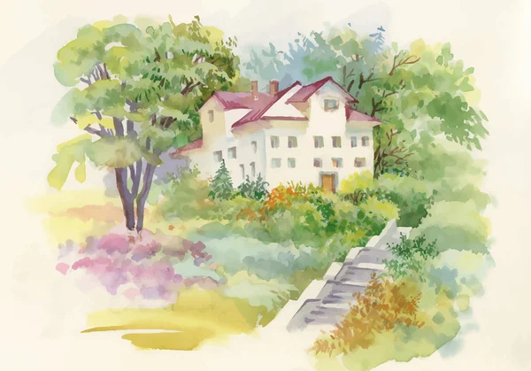 Aquarel van huis in bossen illustratie — Stockvector