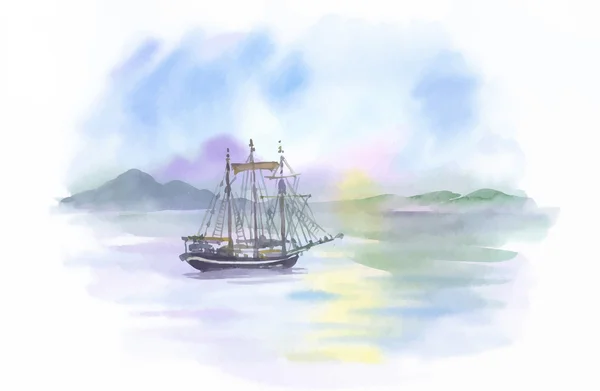 Акварель Човен на річці Вода Векторні ілюстрації — стоковий вектор