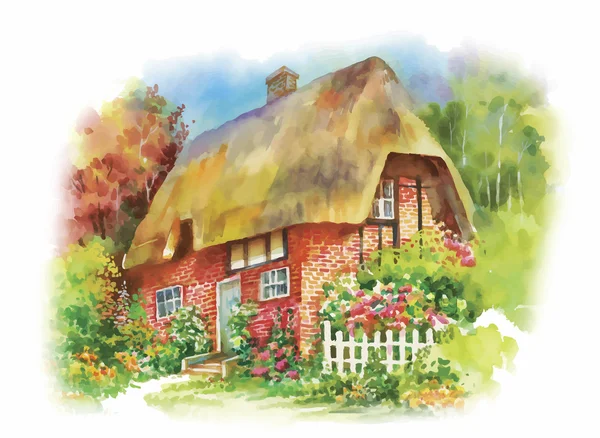 Watercolor rural village in green summer day illustration — Stock Vector