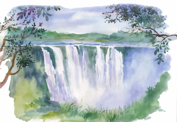 Ilustración en acuarela de hermosa cascada — Archivo Imágenes Vectoriales