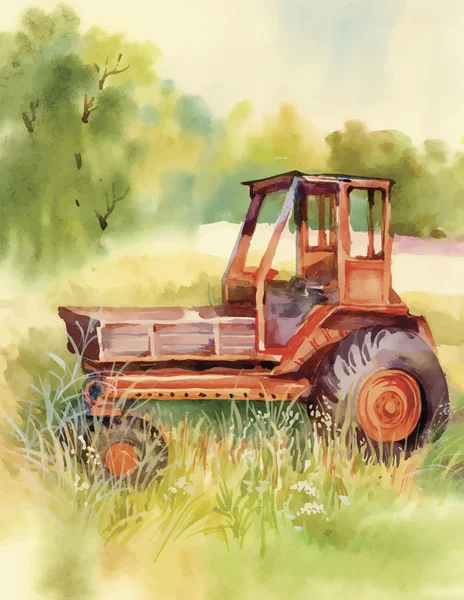 Акварель трактор машина во дворе. Оборудование в деревне. Векторная иллюстрация . — стоковый вектор