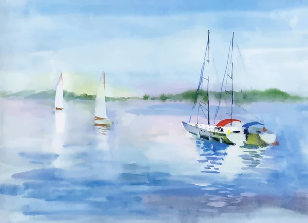 Aquarell Boot auf Fluss Wasser Vektor Illustration — Stockvektor