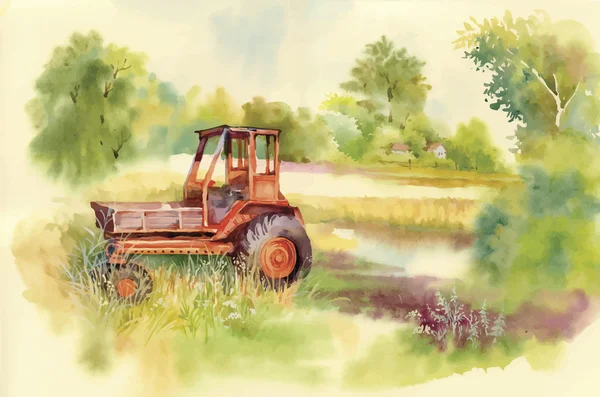 Akvarell traktor maskin i gården. Utrustning på byn. Vektor illustration. — Stock vektor