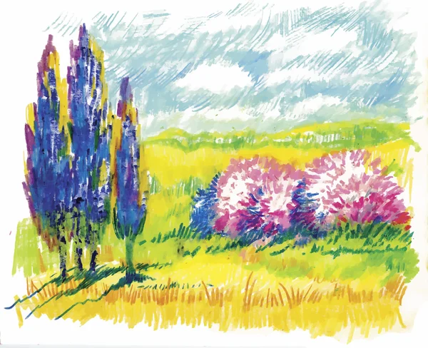 Aquarell Sommer ländliche Landschaft Vektor Illustration — Stockvektor