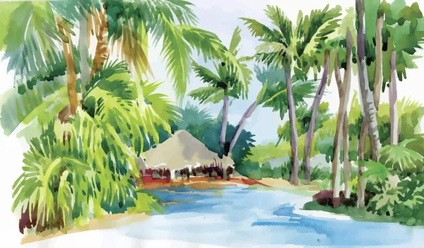 Praia aquarela tropical com palmeiras e ilustração vetorial de cabana — Vetor de Stock