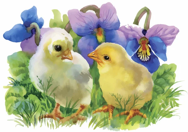 Galline acquerello giallo sopra giardino fiori sfondo vettoriale illustrazione — Vettoriale Stock