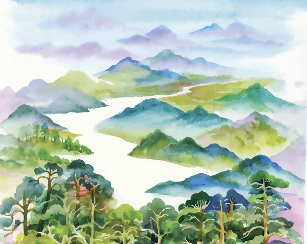 Watercolor verão rio paisagem vetor ilustração — Vetor de Stock