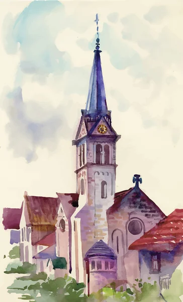 Paisagem aquarela com casas e torre de ilustração vetorial — Vetor de Stock