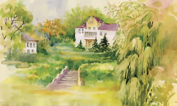 Akvarell målning av hus i skogen illustration — Stock vektor