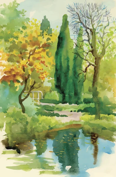 Watercolor verão paisagem rural vetor ilustração — Vetor de Stock