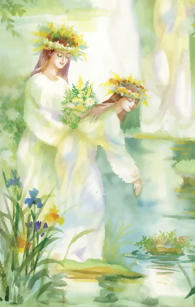 Illustration femme fée aquarelle avec des fleurs près du lac — Image vectorielle