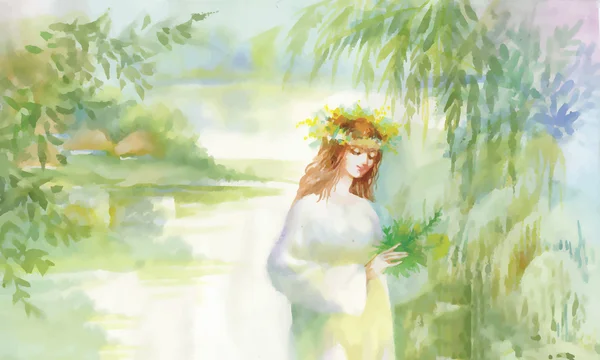 Watercolor mulher fada ilustração com flores perto do lago — Vetor de Stock