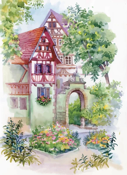Akvarell målning av hus i skogen illustration — Stock vektor