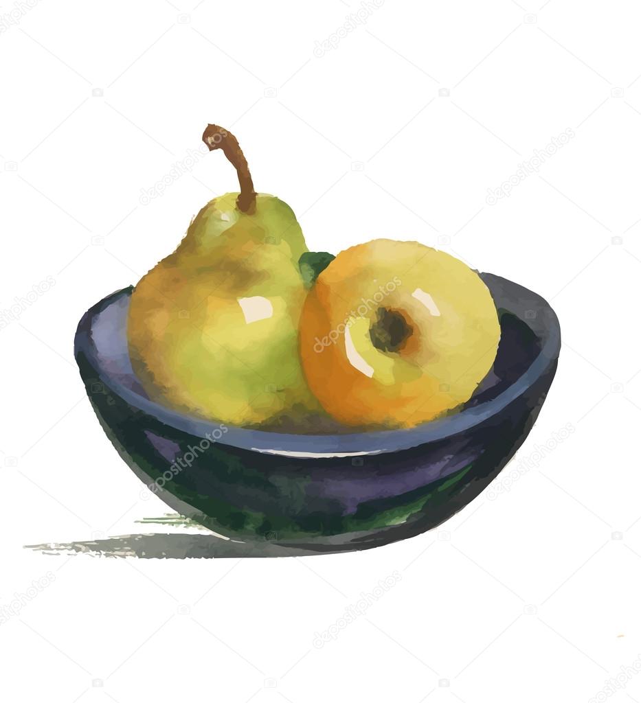Watercolor still life with pear and apple on plate