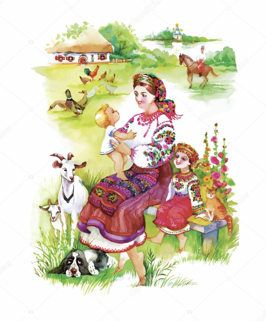 Woman in folk costume with child. Ethnic illustration. Beautiful mother silhouette with her children. Cards of Happy Mothers Day. Watercolor illustration.